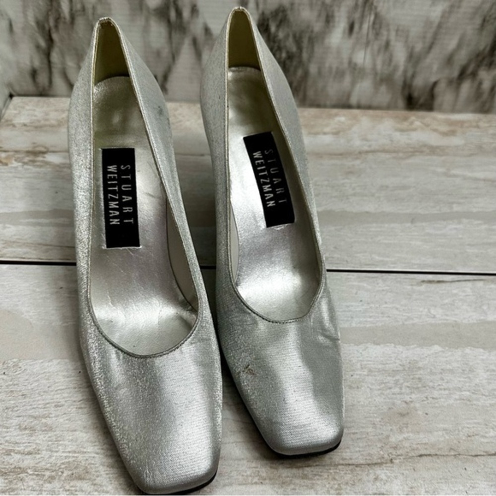Vintage Stuart Weitzman Women Sz 6 1/2B Heels Silver Shimmer Sparkly Mid-Mod